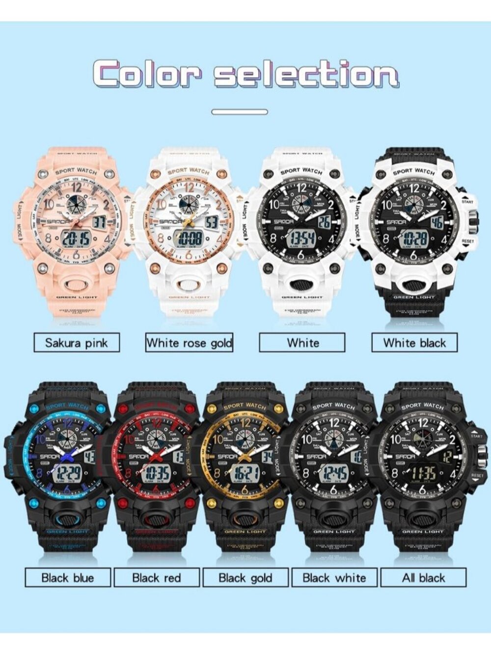 Women's Black Blue Digital LED Light Large Face Analog Multifunctional Watch - Picture 5 of 6